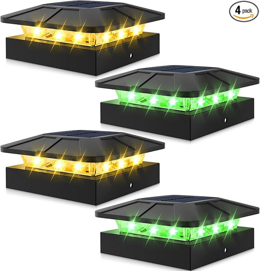 Peasur 4x4 Solar Post Lights Outdoor, 4 Packs Green & Warm White LED Fence Caps Light Waterproof, Wood & Vinyl Post Top Lighting for Deck Mailbox Railing Porch Outside