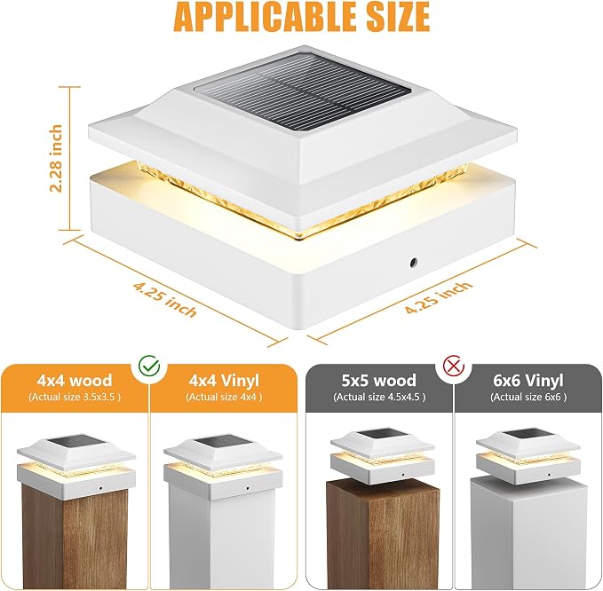 Brightown Solar Post Cap Lights, 2 Modes(Warm/Cool Light) Outdoor Waterproof Fence Post Solar Lights, Solar Powered Garden, Patio, Deck Decor for 4x4 Wood & Vinyl Posts, White 4 Pack