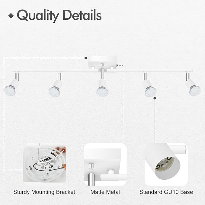BoostArea 5 Light Track Lighting Fixtures Ceiling, Matte White Kichen Track Lighting, Rotatable Light Heads, Adjustable Modern Directional Ceiling Light for Kitchen,No Bulbs