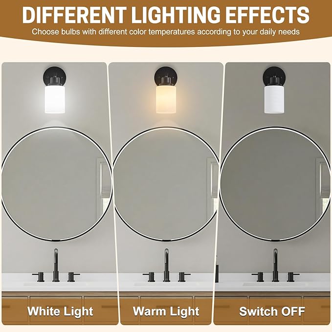2-Pack, 1-Light Vanity Lights, Matte Black Bathroom Light Fixture with Textured Milky White Glass Shade, E26 Modern Vanity Lighting Fixture for Bathroom Wall Sconce