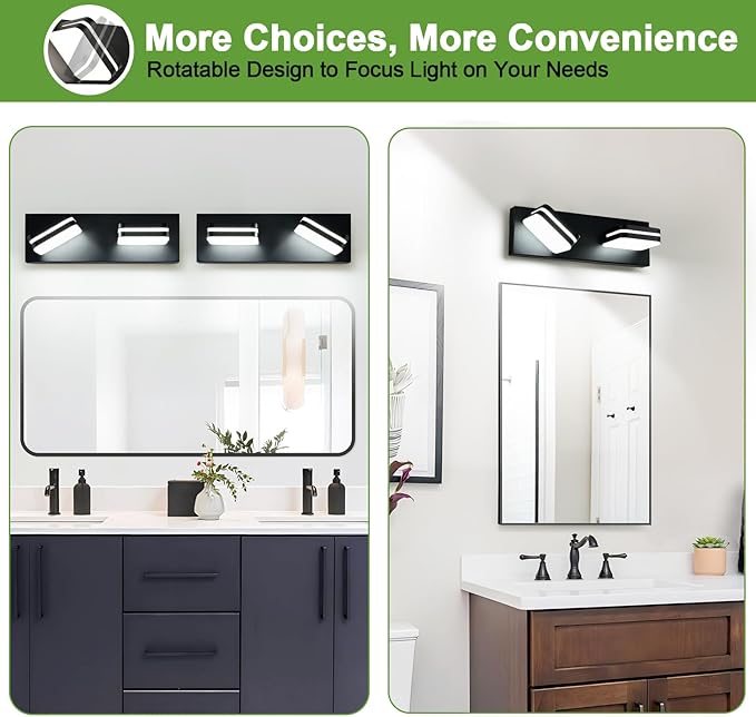 360° Rotate LED Bathroom Vanity Light Fixtures, 900LM Acrylic Matte Black Vanity Lights for Bathroom, Modern Wall Lighting Fixtures Over Mirror Kitchen Living Room Hallway (Natural White Light 5000K)