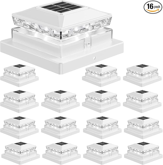 Solar Post Cap Lights, 6500K Cool White IP65 Waterproof Solar Powered Fence Light for 4x4 Wood Post & 5x5 Vinyl Fence, Deck Patio Garden Yard Outdoor Landscape Lighting, ABS Material