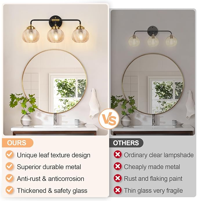 MOKATNG Bathroom Light Fixtures, 3-Light Amber Vanity Lights with Unique Leaf Texture Glass Shade, Modern Matte Black and Gold Bathroom Wall Lamp for Mirror Hallway Cabinet Living Room
