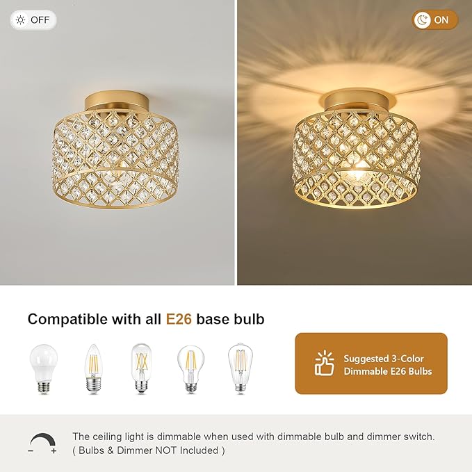 Gold Crystal Ceiling Light Fixture,Modern Semi Flush Mount Ceiling Lighting Fixture,Round Small Chandelier for Hallway, Entryway, Laundry Room, Kitchen, Bedroom, Foyer, Bathroom, 1 Light, 9 inch
