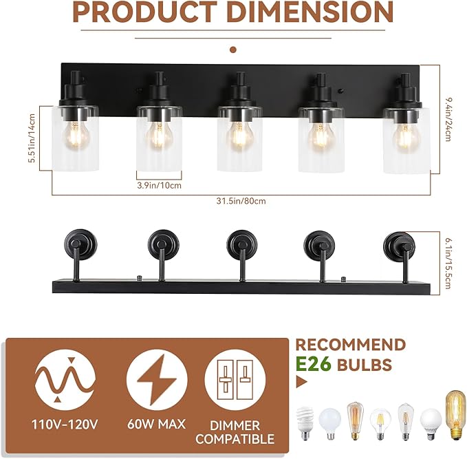 LOUSACE 5 Light Bathroom Vanity Light, Matte Black Bathroom Light Fixtures Over Mirror, Modern Bathroom Lighting with Clear Glass Shade, Black Farmhouse Wall Sconces Lighting Fixture for Bedroom