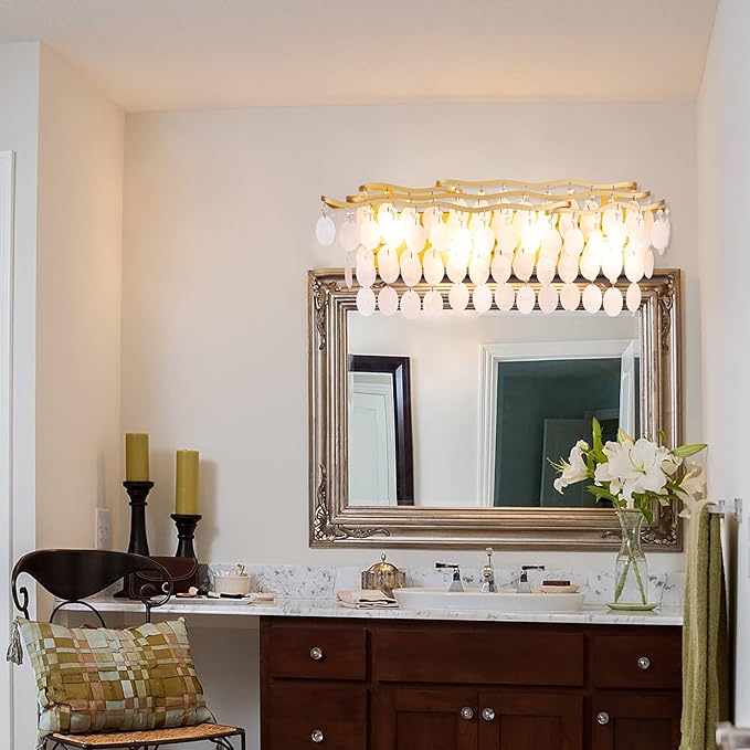 Wellmet Brushed Gold Bathroom Light Fixtures, 4-Light Capiz Shell Vanity Light, Modern Wall Sconces for Mirror, Cabinets, Bedroom, Hallway,Living Room, 27.2" W