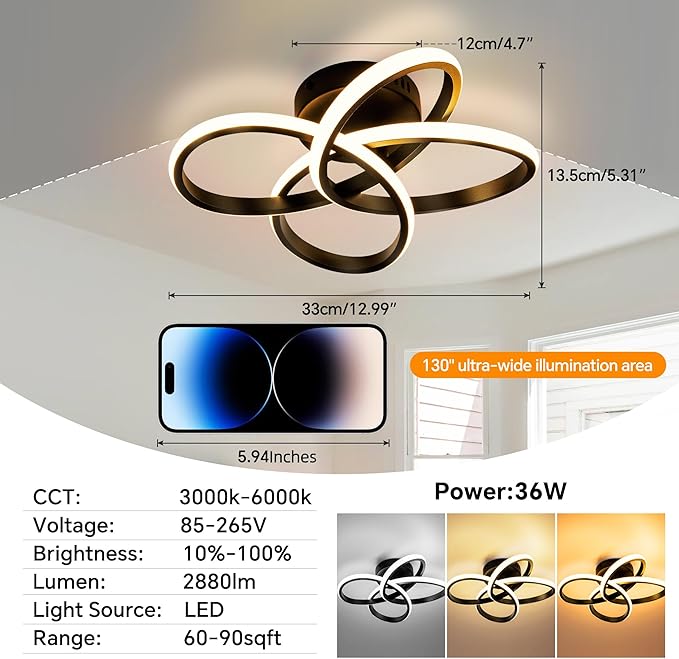 Modern Ceiling Light, 36W LED Dimmable Ceiling Light with Remote Control, 3000-6000K Color Temperature Changing, Black Small Chandelier for Bedroom, Entryway, Hallway, Kitchen