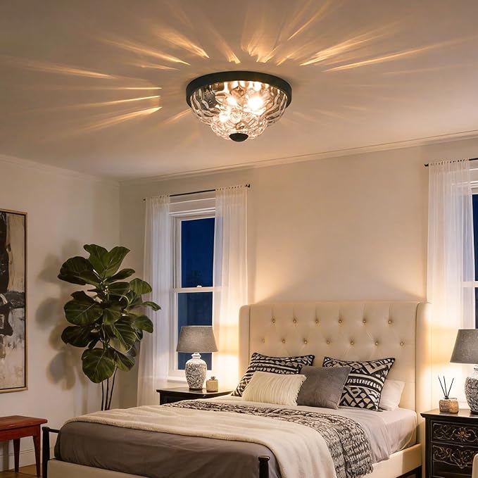 Flush Mount Ceiling Light Fixtures, 2-Light Ceiling Mount for Farmhouse with Seeded Glass Lampshade, Industrial Flush Mount Light Fixture Farmhouse for Hallway, Kitchen, Entryway,Bedroom