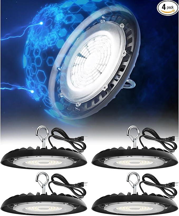 Barrina High Bay LED Shop Lights, 150W, 21000LM, IP65 Waterproof, 5000K, UFO LED high Bay Light for Warehouse with 5.9FT Cable US Plug, Shop Light for Garage barn Factory, 4 Packs, UL Listed