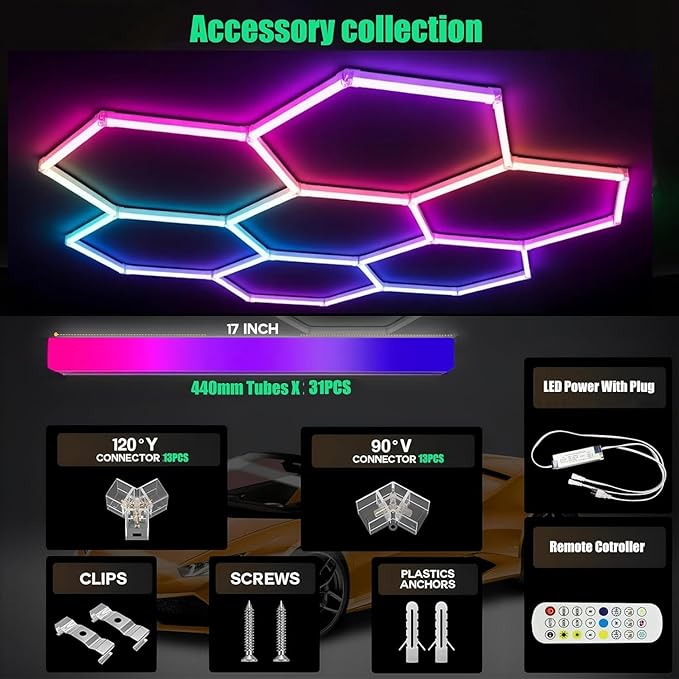 31Pack RGB Hexagon Lights,Music Sync 7Hex LED Hexagon Lights,RGB 358 Kinds of Changes Dimmable Speed-Adjustable DIY Color-Changing Lights Smart App & Remote Control,for Studio Gym Basement Decor