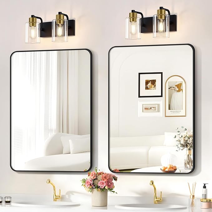 Dpyrrhic Bathroom Light Fixtures, Matte Black and Gold 2-Light Bathroom Lights Over Mirror with Clear Glass Shade,Wall Sconces for Bathroom