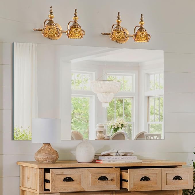 Vintage 2-Light Bathroom Lighting Amber Rose Vanity Light Fixtures Wall Sconce with Crystal Glass Shade Rust-Proof and Durable for Bedroom Living Room Hallway