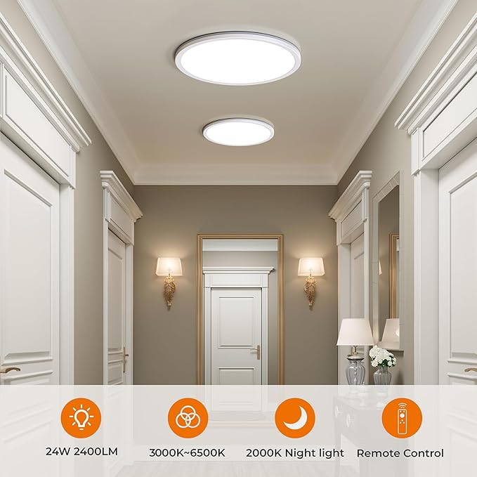 Matane 2Pack 12in LED Flush Mount Ceiling Light Fixture with Remote Control, Nightlight 2000K Warm, 3000K-6500K Adjustable, Low Profile Ceiling Lights for Bedroom, Kitchen, Living Room, White