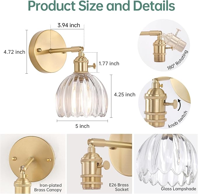 Shenmoyl Vintage Wall Sconces Set of 2 with Transparent Tulip Glass Lampshade 180 Degree Adjustable Brass Sconces Hradwired Modern Wall Lighting Fixture with Switch for Bedside Bedroom Doorway