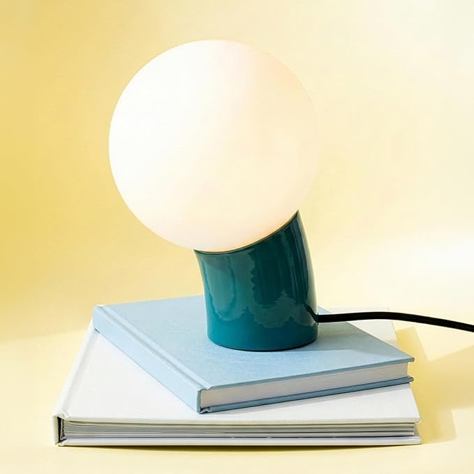 Brightech Vino LED Table Lamp - Small 8" Modern Dimmable Metal Lamp with USB-C Charging, Frosted Glass Globe Shade - Warm White Accent Light for Bedroom, Living Room, Bedside, Nightstand - Teal