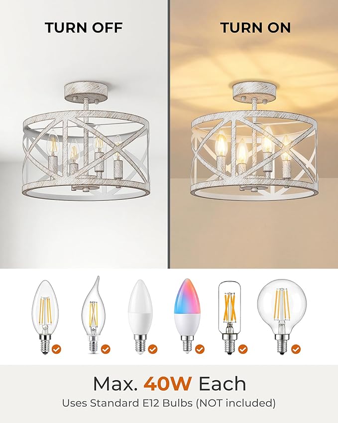 Semi Flush Mount Ceiling Light Fixture, Farmhouse Modern 4-Light Chandelier with X-Shape Cage, Industrial Rustic Ceiling Lamp for Kitchen, Entryway, Dining Room, Bedroom, Hallway, Laundry Room, White