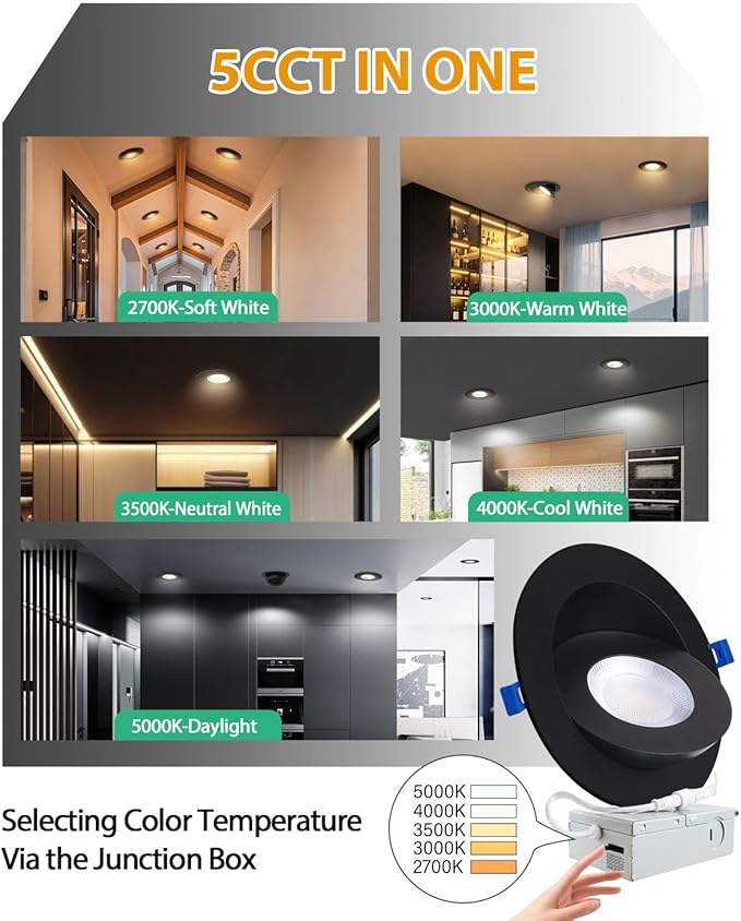 zouzai 5CCT Gimbal Led Recessed Lights, 360°+90° Adjustable Directional Recessed Lighting, 2700K-5000K Dimmable Retrofit Eyeball Can Lights with Jbox, ETL&Energy Star (Black-6 inch, 12 Pack)