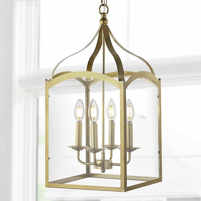 JONATHAN Y 11" Antique Gold 4-Light Traditional Lantern Pendant Light, Metal and Clear Glass Shade, Classic Chandelier for Foyer, Kitchen Island, LED Bulbs Included (JYL7403C)