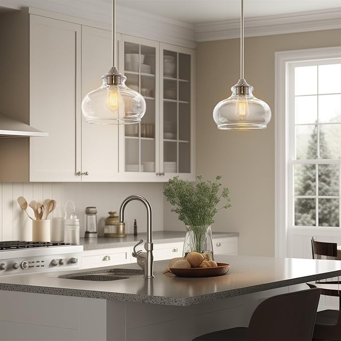Kira Home Harlow 9" Modern Schoolhouse Pendant Light with Clear Glass Shade, Industrial Farmhouse Silver Hanging Light with Schoolhouse Glass, Brushed Nickel Finish