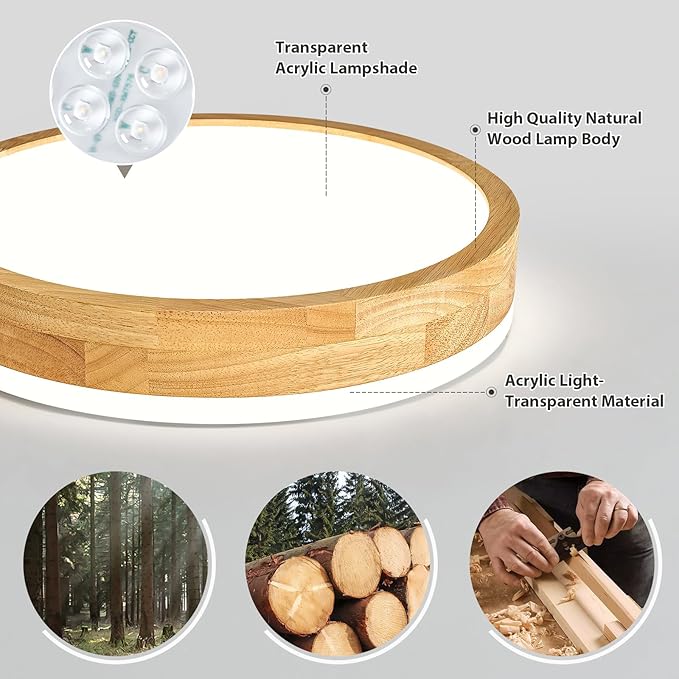 Pevfah Modern Dimmable Wood Flush Mount Ceiling Light, 2700K-6000K 5CCT Round Close to Ceiling Lighting Fixtures, Minimalist LED Ceiling Lamp for Bedroom, Kitchen, Hallway, Living Room-15.74in