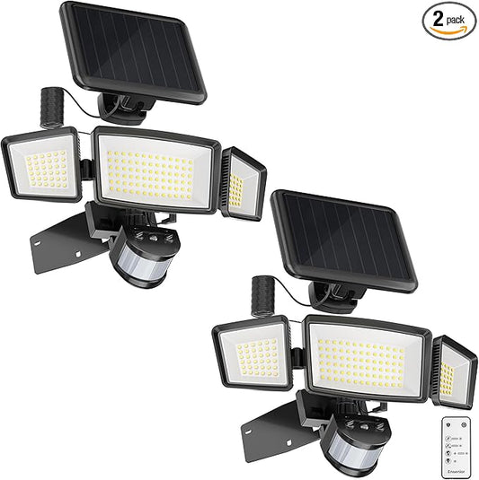 Ensenior Solar Security Lights, Wide Beam Flood Light 6500K Super Bright for Driveway Backyard Garden, Remote Control Motion Lights, Weather-Resistant Exterior Lighting, 1800LM Lumen, Black, 2-Pack