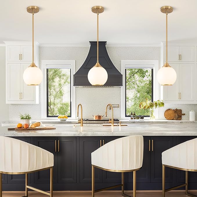 Pendant Lights Kitchen Island,Farmhouse Pendant Light with Milky Glass Globe Shade,6.29" Glass Pendant Light for Brushed Bronze Finish Farmhouse Entryway Dining Room Kitchen Island 1 Light
