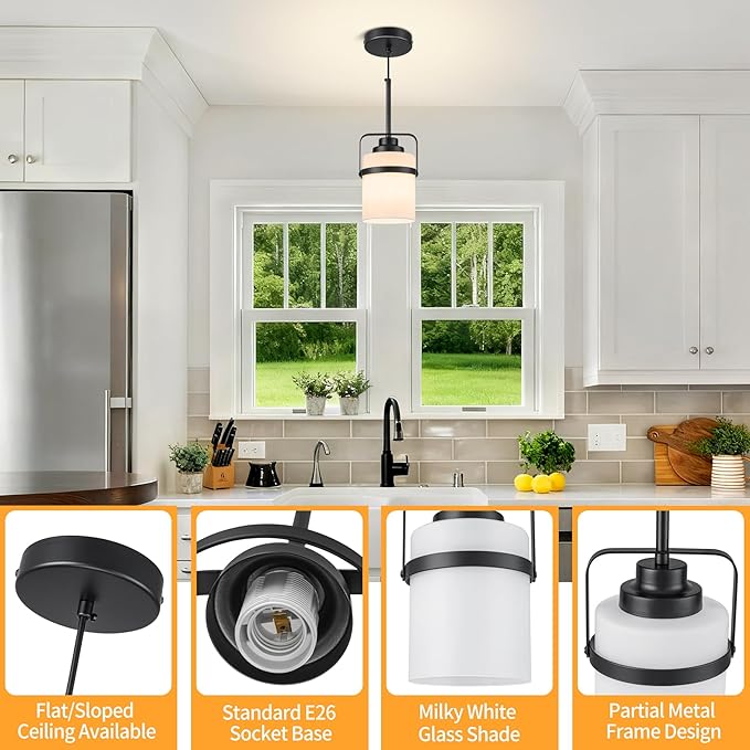 Modern Black Pendant Lights Kitchen Island Light, Adjustable Hanging Light Fixture with Milk Glass Shade, Farmhouse Pendant Light for Dining Room Bar Over Sink/Table/Counter, 1 Pack