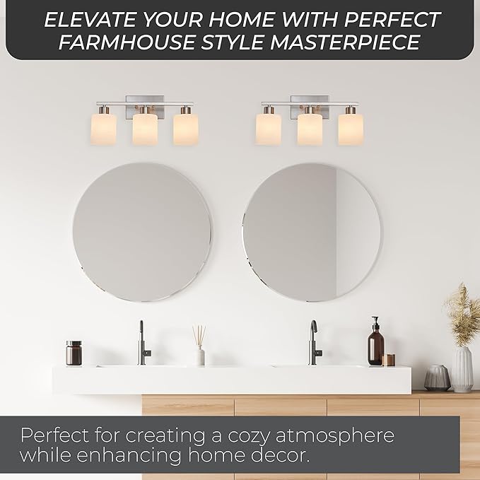 The Door Bull Modern Bathroom Vanity Light, Milky White Glass Shades, Wall Sconce for Bedroom & Living Room, E26 Socket, Over Mirror Lighting Fixture (Brushed Nickel, 3 Lights)