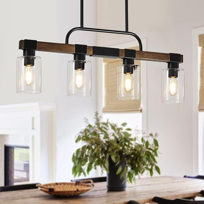 Farmhouse Dining Room Light Fixtures Over Table，Rustic Ceiling Pendant Lights Kitchen Island，4-Light Wood Kitchen Island Lighting Linear Chandelier with Clear Glass lampshade