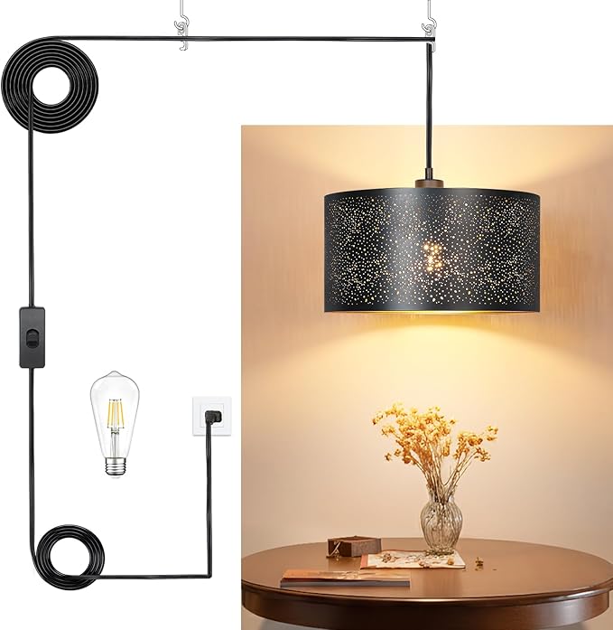 Qingmiao Plug in Pendant Light, Hanging Lamp Plug in with Metal Shade, 3-Way Dimmable Hanging Light Fixture for Living Room Bedroom Kitchen Ceiling Farmhouse Home Decor