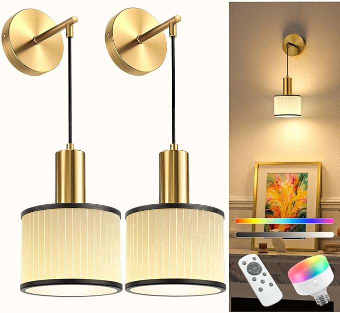 NIORSUN Battery Operated Wall Sconce Set of 2, Black Gold & Off-White Wireless Rechargeable Wall Lights with 5200mAh Dimmable Detachable Bulbs and Remote, 9 Colors Sconces Wall Decor for Living Room