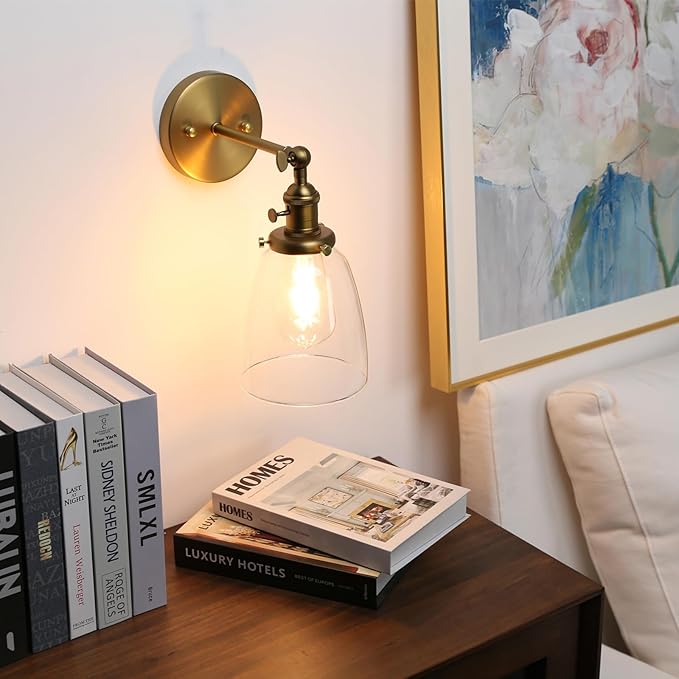 Pathson Vintage Wall Sconce Lighting with On Off Switch, Clear Glass Shade Brass Vanity Light, Industrial Wall Fixtures for Living Room Bathroom Bedroom Garage Porch