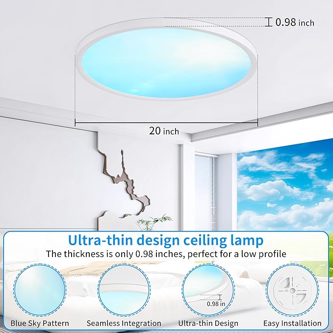 20 Inch Flush Mount Ceiling Light Fixture,43W Dimmable Ceiling Light with Remote, 3000K/4500K/6000K Adjustable White Ceiling Lights, Blue Sky LED Round Flat Panel Light for Kitchen, Bedroom