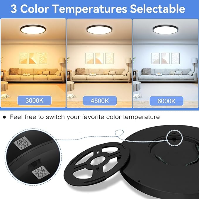 hunhun 20 Inch Dimmable 50W 5200M LED Flush Mount Ceiling Light Large Ceiling Light Fixture,3000K/4500K/6000K Selectable,Ultra Thin Flat Ceiling Lamp for Kitchen, Bedroom, Living Room (Black, 1Pack)