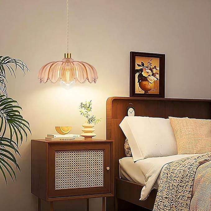 QIYIZM Plug in Pendant Light Hanging Lights with Plug in Cord Mid Century Modern Gold Hanging Lamp Glass Vintage Dimmable Flower Chandelier Ceiling Fixture for Living Room,Kitchen,Boho