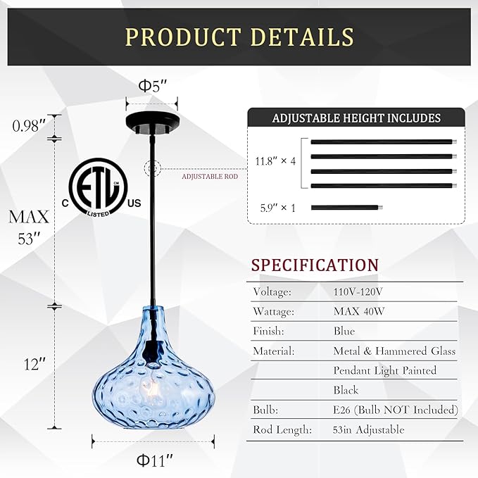 CATINER 11" Hand-Blown Blue Glass Pendant Light, Modern Hammered Glass Hanging Light Fixture with Black Finish, Adjustable Ceiling Pendant Lighting for Kitchen Island, Dining Room, Living Room