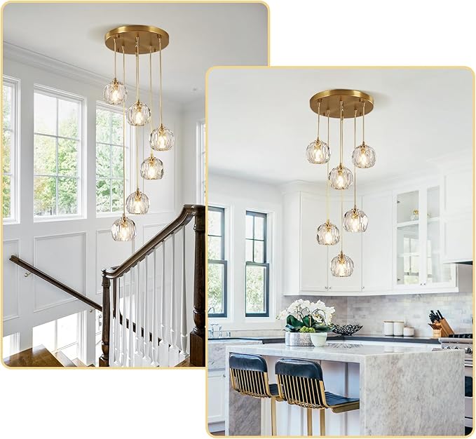 Modern 6 Lights Cluster Pendant Lighting Multi Light Gold Crystal Chandelier Pendant Light Mid Century Anti Brass Clear Glass Round Ceiling Hanging Light Fixture