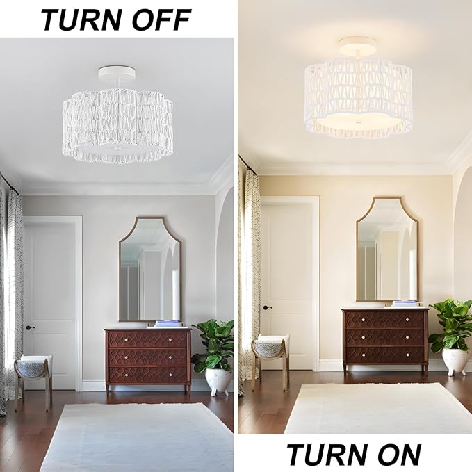 Tbaoinla✿ 13.8＂ Handwoven Rattan 3-Light | White Boho Flush Mount for Small Bedroom & Nursery, Midnight Blossom Woven Ceiling Light, Natural Fiber Bedroom Fixture, Low Profile Rattan Lighting