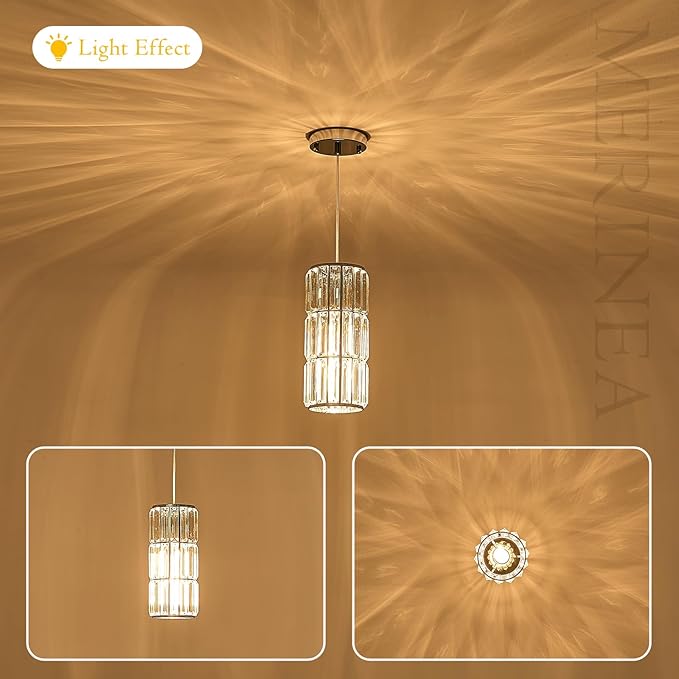 Chrome Crystal Pendant Light for Kitchen Island, Modern Mini Hanging Light Fixture with Adjustable Cord, 1-Light Polished Chrome Pendant Lighting for Dining Room, Bedroom, Bathroom, Bar
