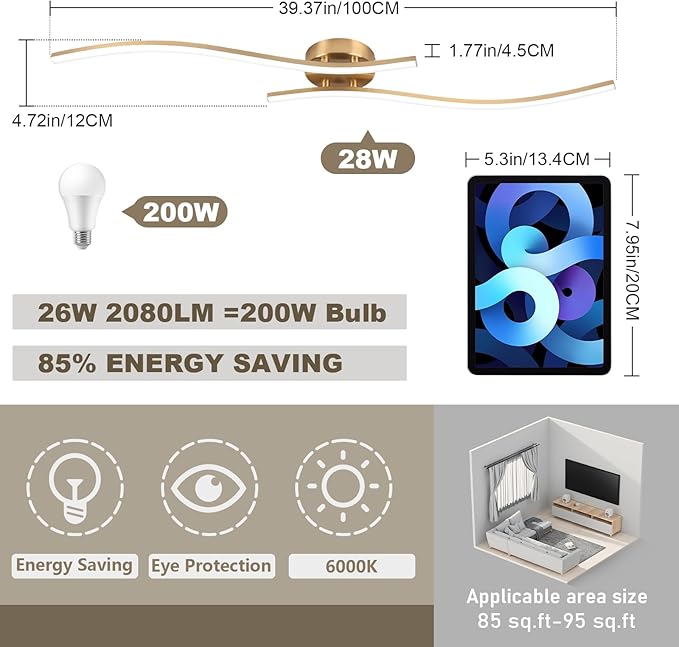 28W Gold Linear Ceiling Light Gold Modern LED Ceiling Light Fixture 6000K Aluminum 39.37Inch Long Ceiling Lamp for Hallway, Kitchen, Bedroom, Dining Room