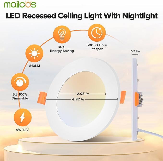 MAILCOS 12 Pack 4 Inch 5CCT LED Recessed Ceiling Light with Night Light, 2700K-5000K Selectable, Ultra-Thin Lighting, 9W 810LM, Dimmable Canless Wafer Downlight ETL Certificated