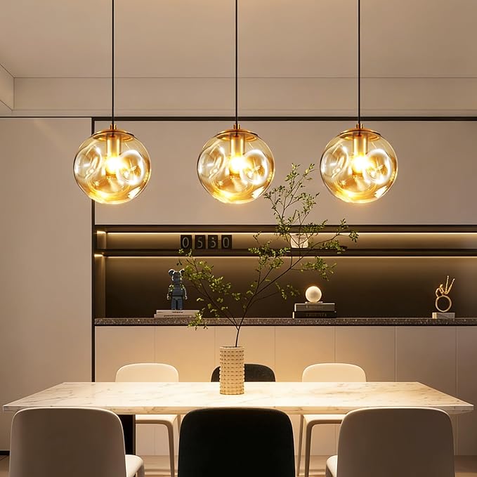 Modern Amber Concave Glass Pendant Light, 3-Pack Kitchen Island Lighting Single Globe Pendant Light Fixtures Century Kitchen Island Pendant Light for Bedroom Dining Room Light (Without Bulbs)