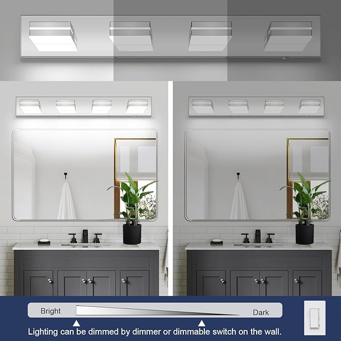 Bathroom Vanity Lighting Fixtures Over Mirror (4-Light, 30-Inch) Dimmable Modern LED Bathroom Wall Lighting Fixtures, Chrome ((3000K/3500K/4000K/5000K/6000K)
