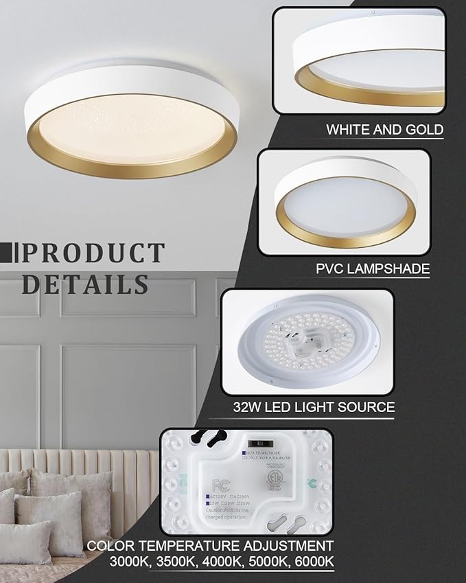 ANYLOVE 10 Inch Modern Flush Mount Ceiling Lights,White Gold Plastic Round Ceiling Light,Dimmable 3000K,3500K,4000K,5000K,6000K,for Living Room,Dining Room,Bedroom,Kitchen (White and Gold, 15 Inch)