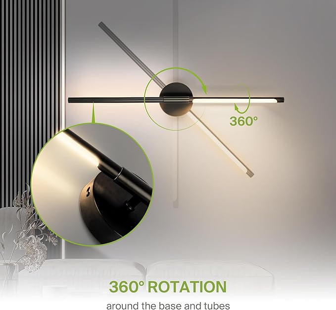 ASD LED 28" Linear Tube Wall Sconce, Modern Bathroom Light Bar | 3CCT, Dual 360° Rotatable, Dimmable, ETL Listed | 11W 1064LM 3000-5000K 100-277V | Bedroom, Hallway Vanity Lighting | Black, 2 Pack