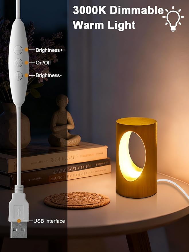 WLHONG LED Night Light, Wood Small Lamp 3000K Dimmable, Cylinder Bedside Lamps for Bedroom, Portable Desk Lights for Home Dorm Office Ambient Lighting, Unique Home Decor Housewarming Gift