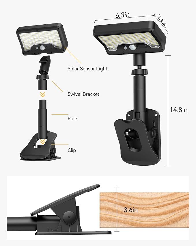 Clip On Solar Lights Outdoor, 3 Modes Motion Sensor Security Light 2 Pack | 92 LED 500LM with Type-C Charging, Waterproof, Chain Link Fence Lights for Deck, Railing, Garden, Gutter, Mailbox, Camping