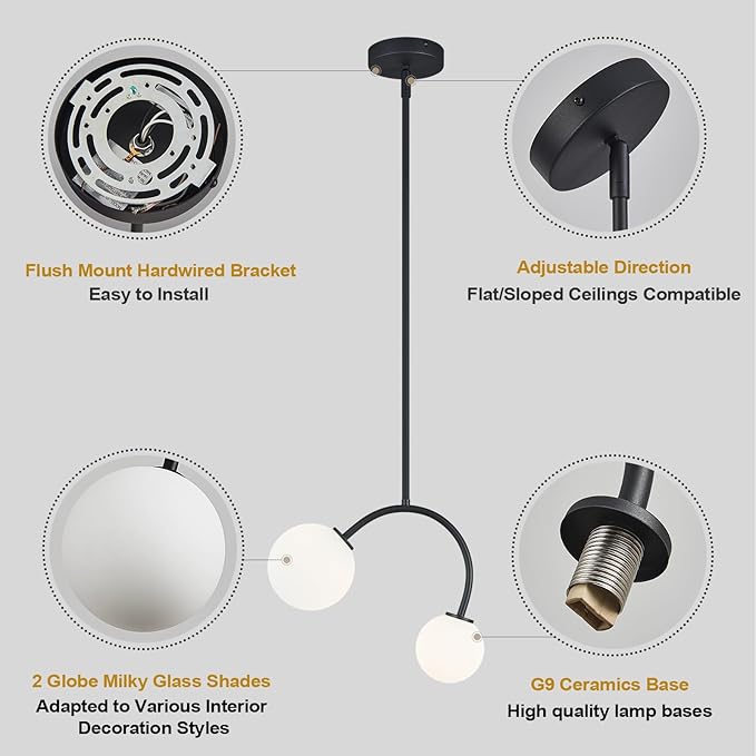 Modern Pendant Light Fixtures, 4.72" Milk Glass Pendant Lights Kitchen Island, Matte Black Kitchen Island Chandeliers for Dining Room, 2 Round Globe-3 Pack,G9 Bace(Bulb Not Included)