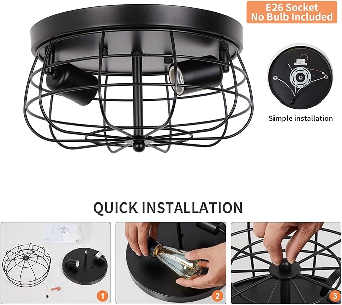 Industrial Black Flush Mount Ceiling Light 2-Light Farmhouse Fixtures Metal Cage Ceiling Lighting for Hallway, Kitchen, Foyer Bedroom Living Room Laundry