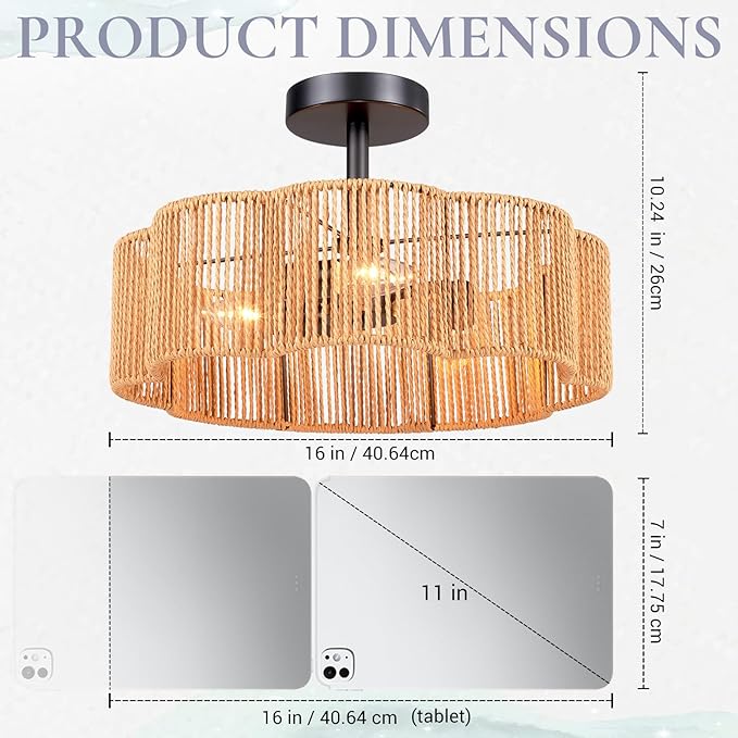 Hamilyeah 16 Inch Boho Semi Flush Mount Ceiling Light, Woven Scalloped Shade Ceiling Fixture with 3-Light E12 Base, Black Decorative Ceiling Light for Bedroom, Entryway, Kitchen, Hallway